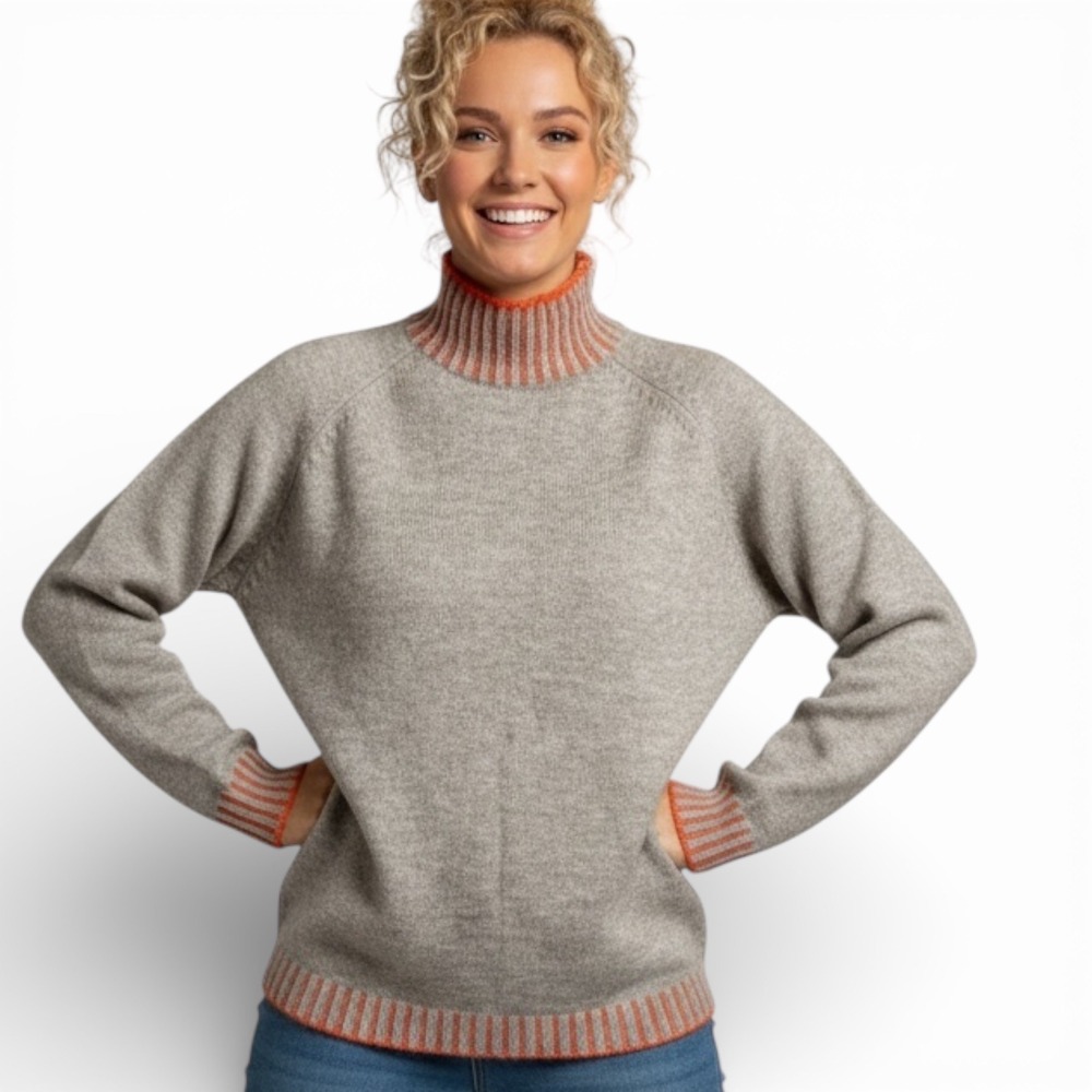 Unbranded  Wool Tan‎ Beige Mock Neck Sweater Orange Striped Trim Raglan Small